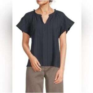 Marine Layer Shirt Small Lana Textured Split Neck Navy Blue Top Blouse 15930